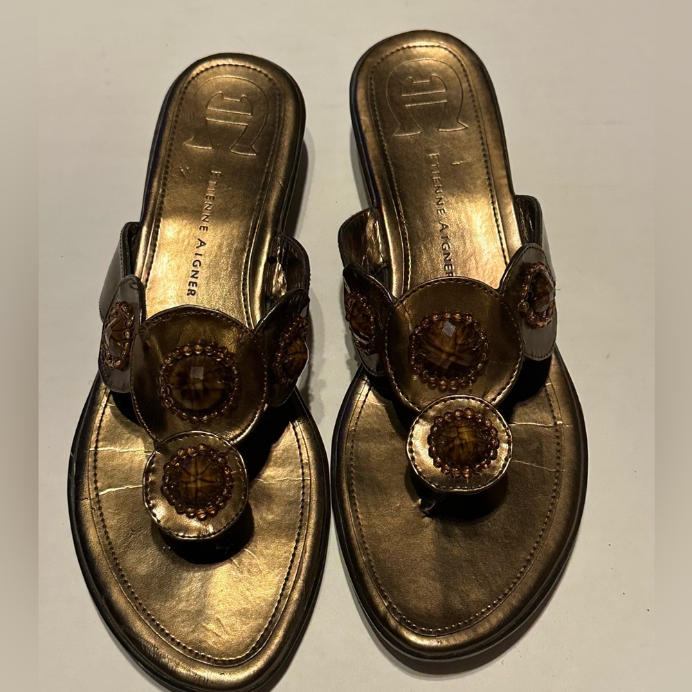Etienne Aigner Metallic Bronze Jeweled Toe-Ring Sandals , 9.5